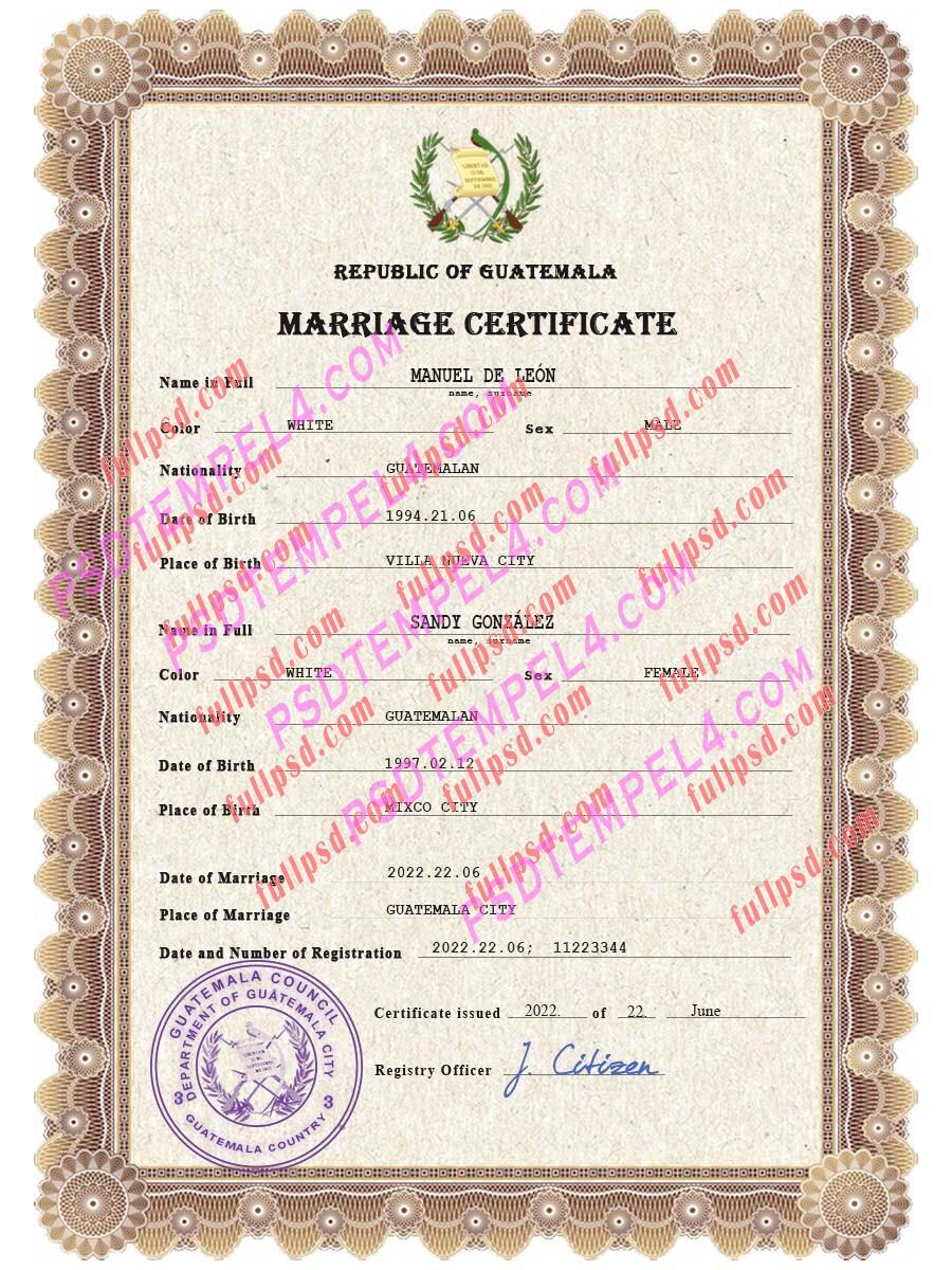 Guatemala marriage certificate psd