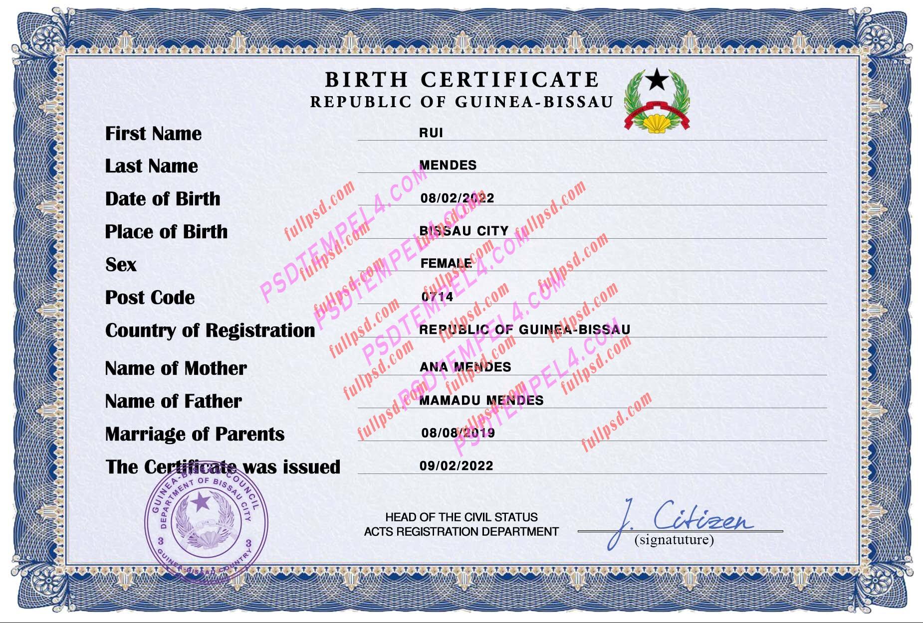 Guinea Bissau Birth certificate PSD