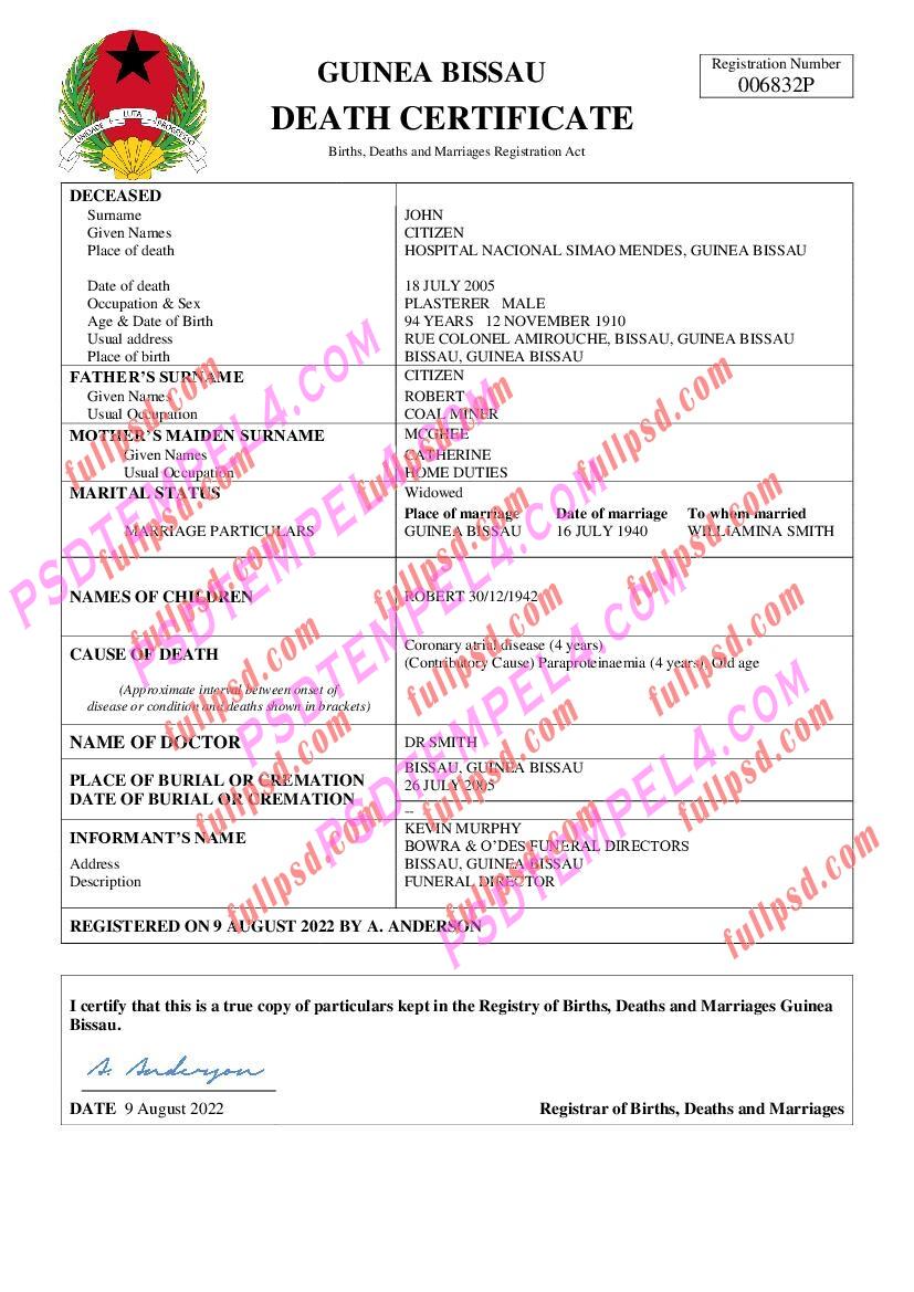 Guinea Bissau death certificate pdf and word