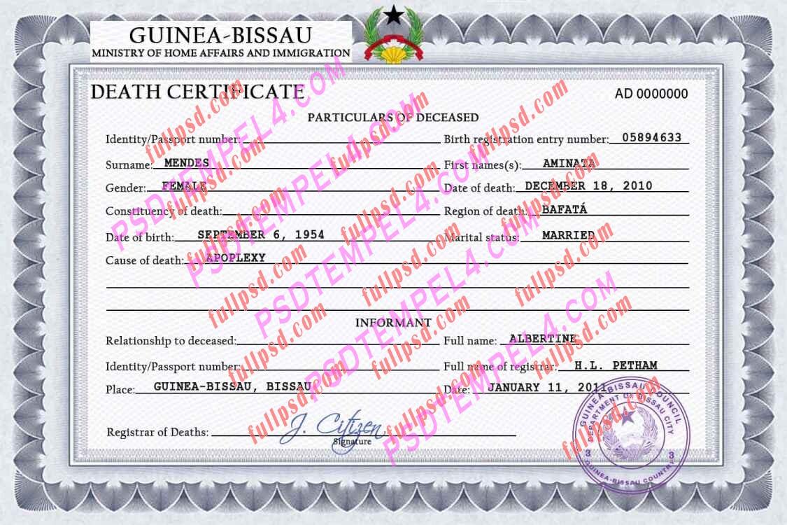 Guinea Bissau death certificate psd