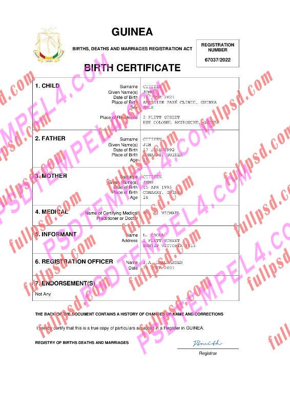 Guinea Birth certificate pdf and word