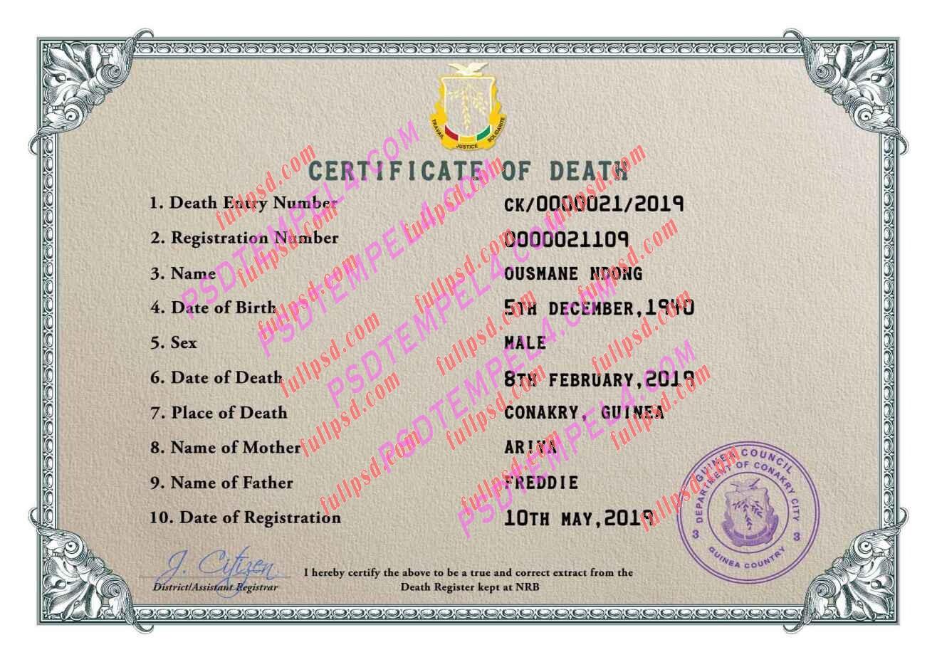 Guinea death certificate psd