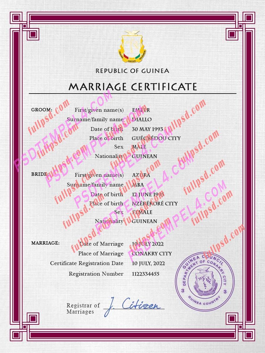 Guniea Bissau marriage certificate psd