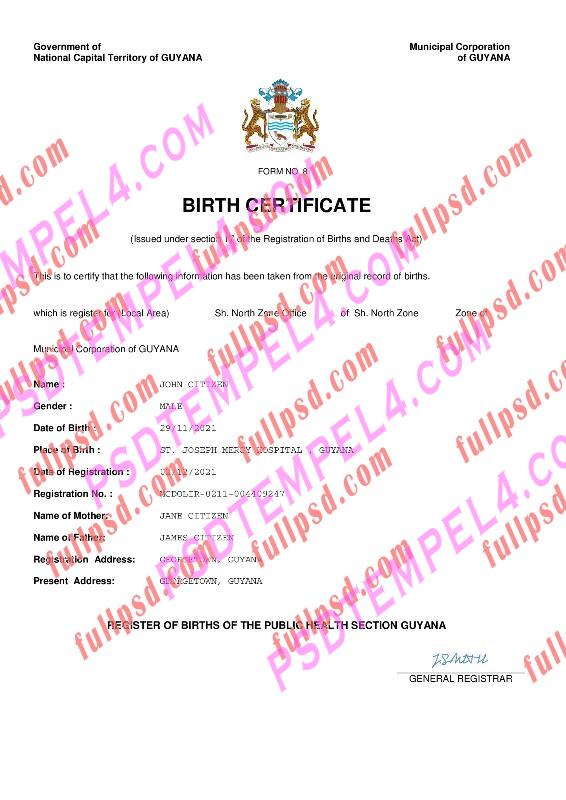 Guyana Birth certificate pdf and word