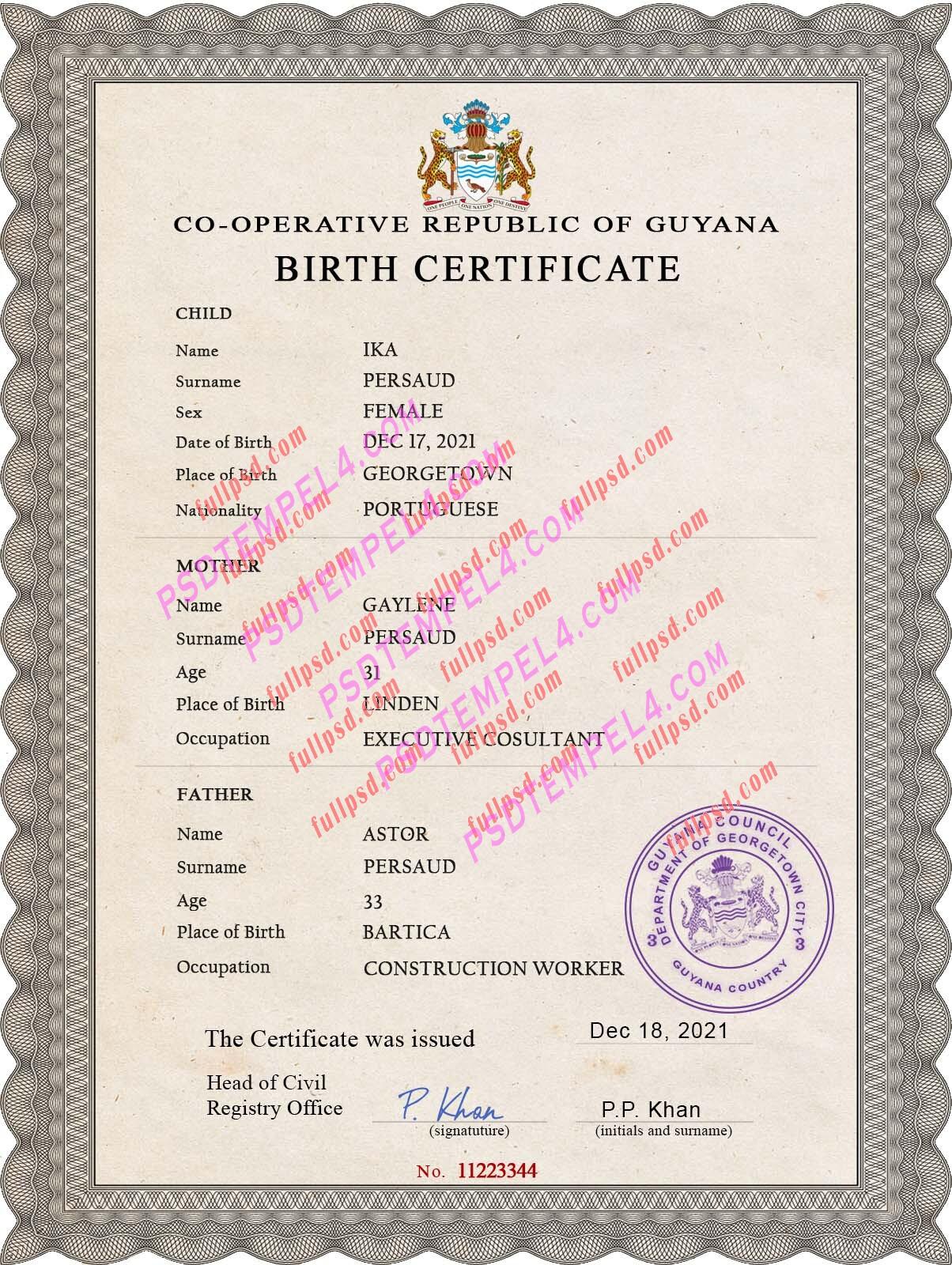 Guyana Birth certificate PSD