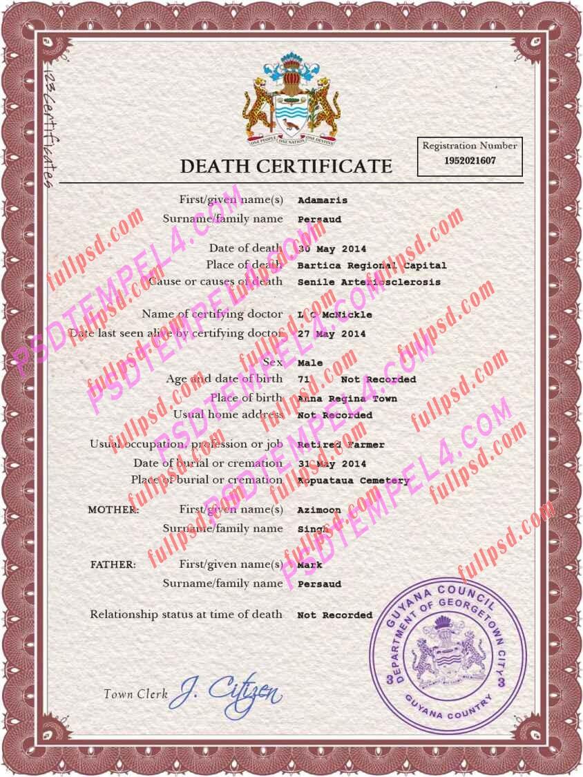 Guyana death certificate psd