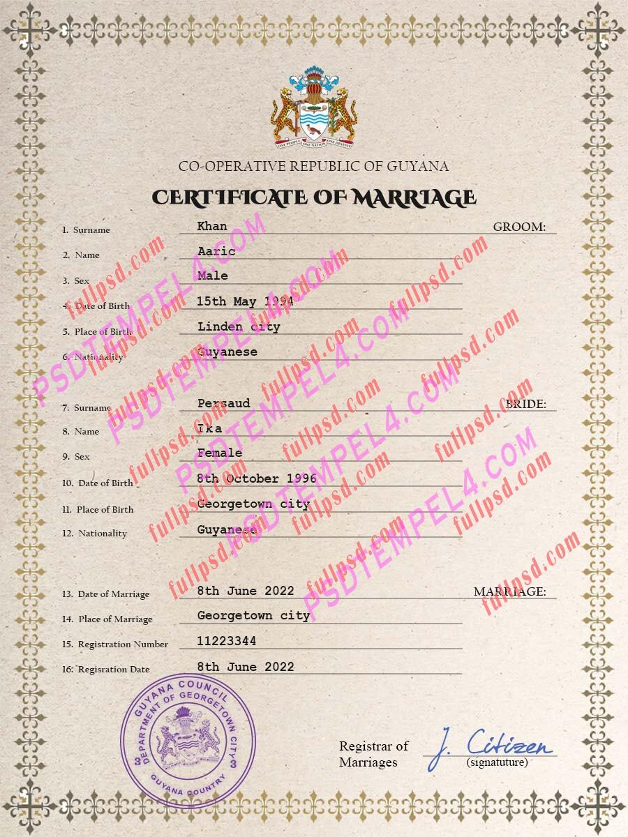 Guyana marriage certificate psd