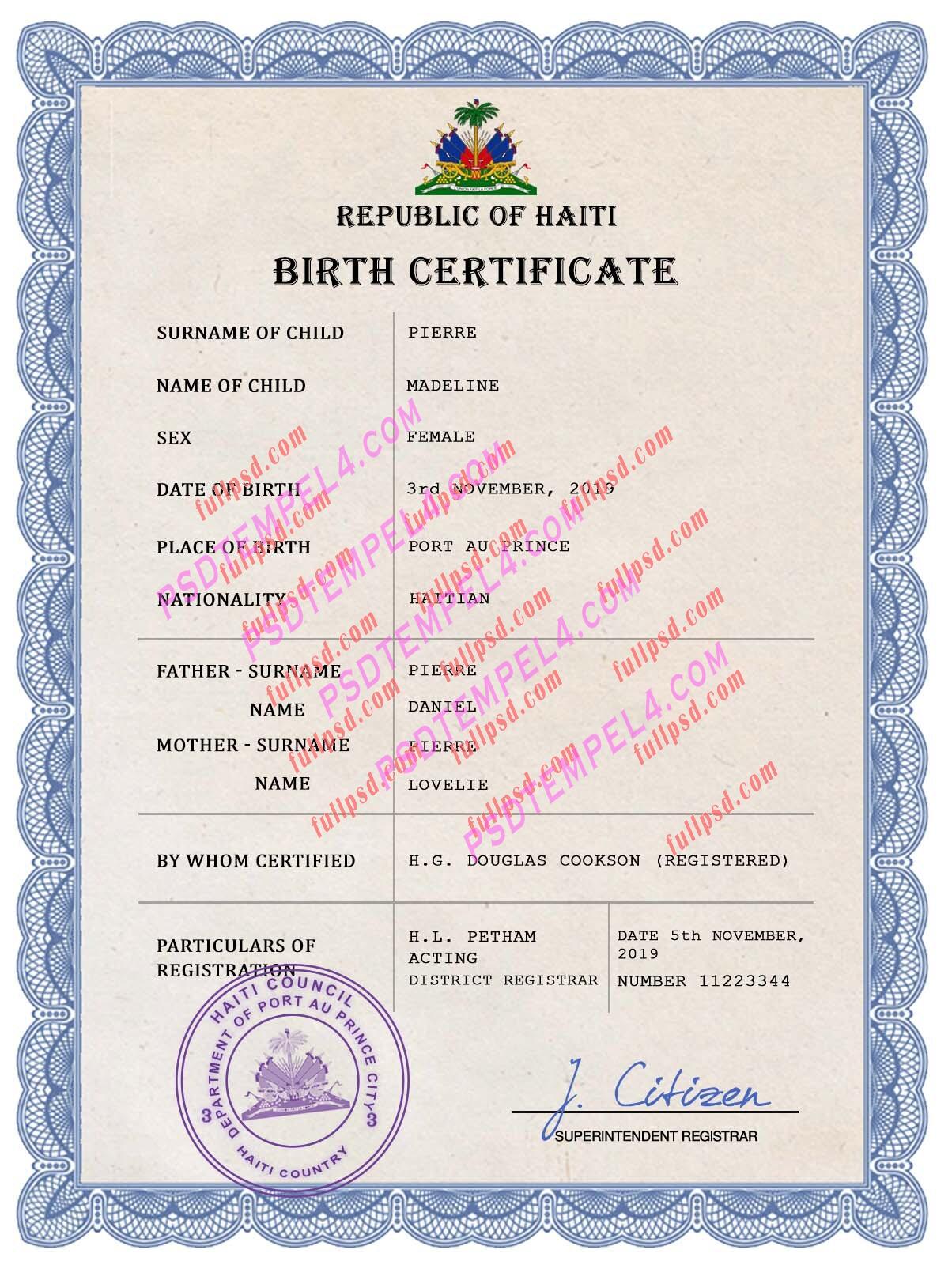 Haiti Birth certificate PSD
