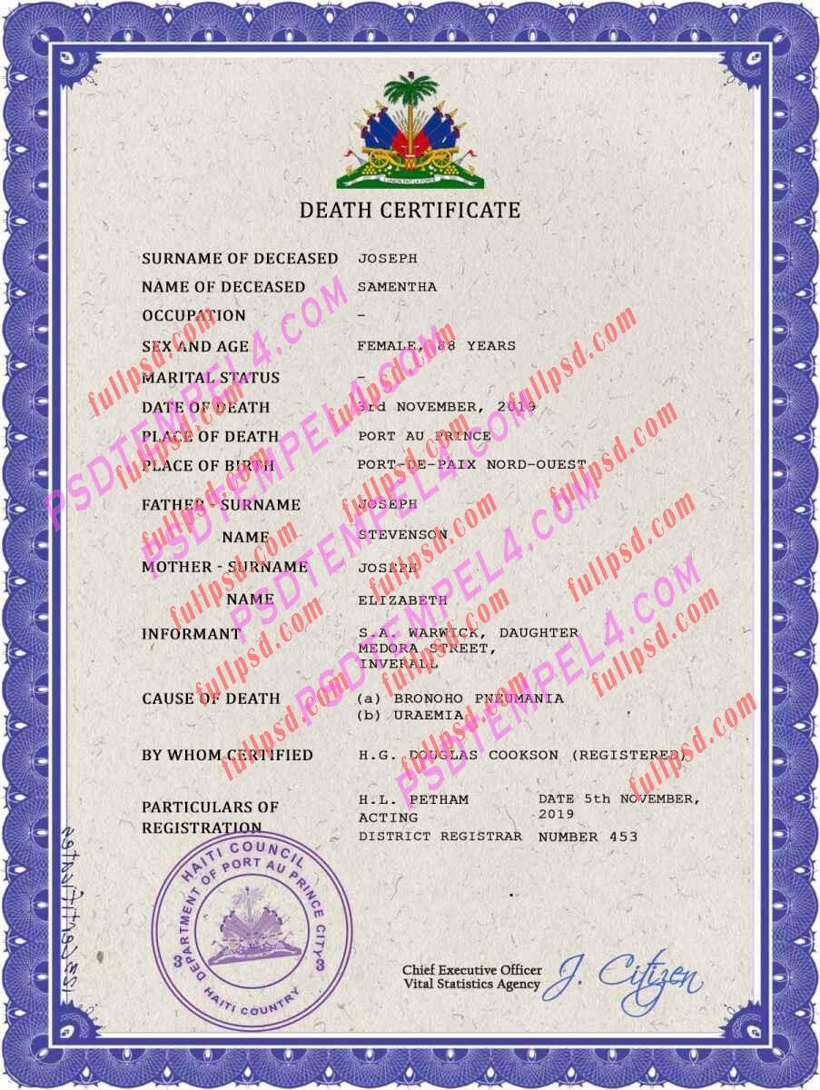 Haiti death certificate psd