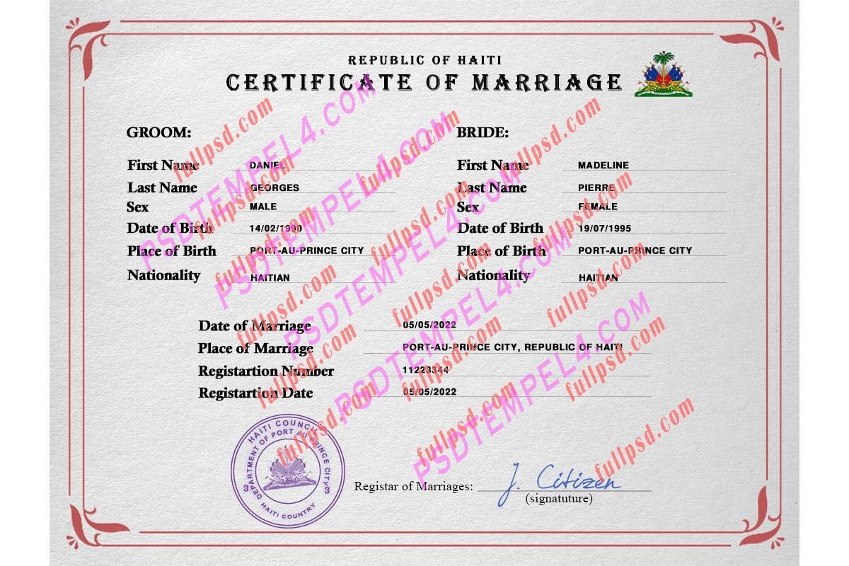 Haiti marriage certificate psd