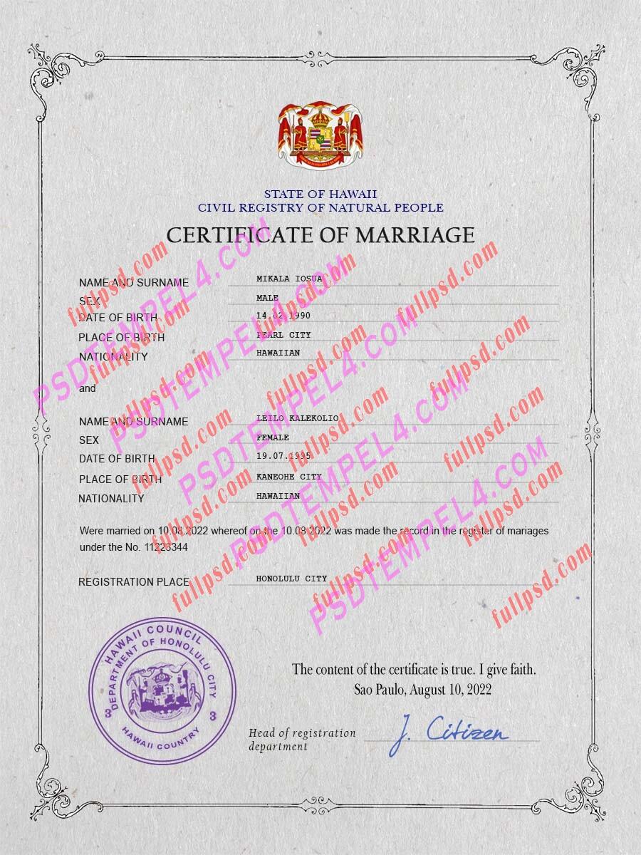 Hawaii marriage certificate psd