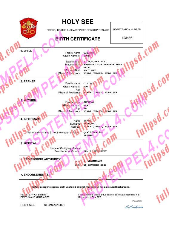 Holy See Birth certificate pdf and word