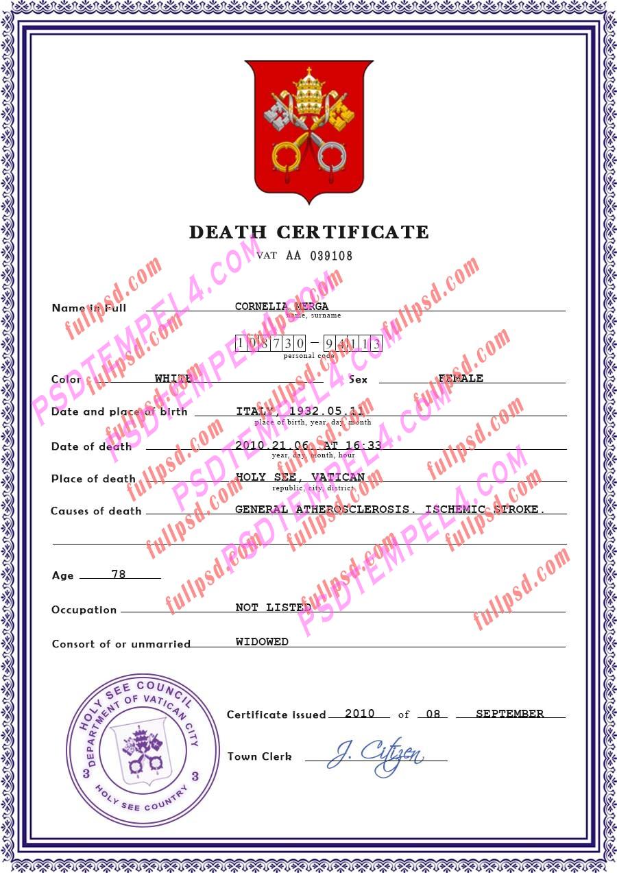 Holy See death certificate psd