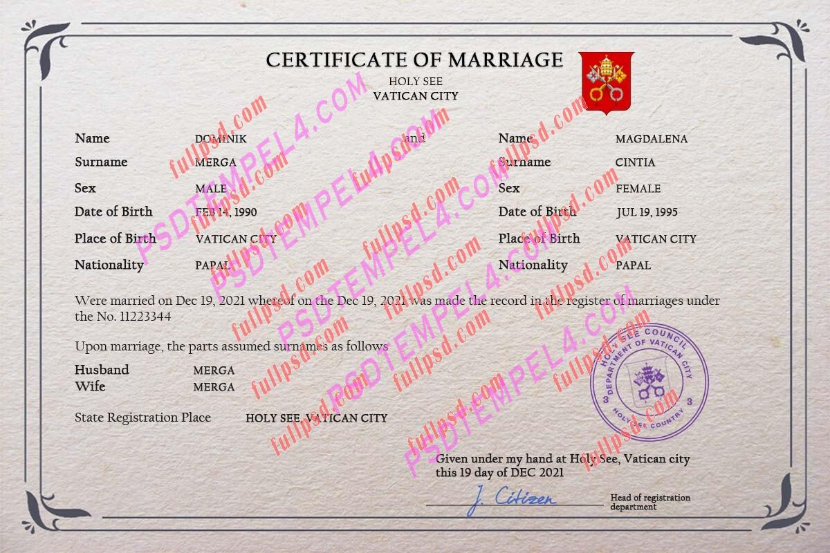 Holy See marriage certificate psd