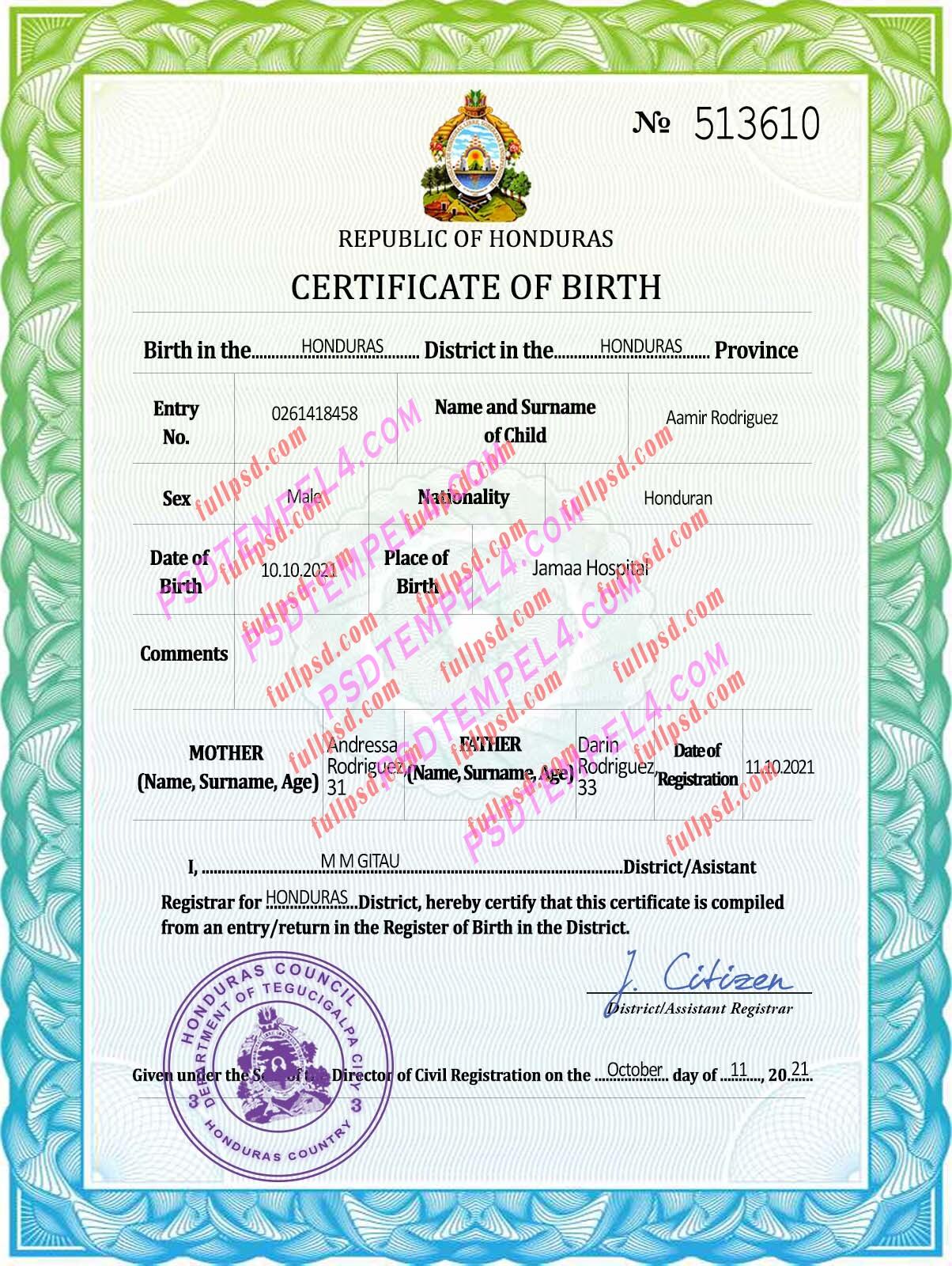 Honduras Birth certificate PSD