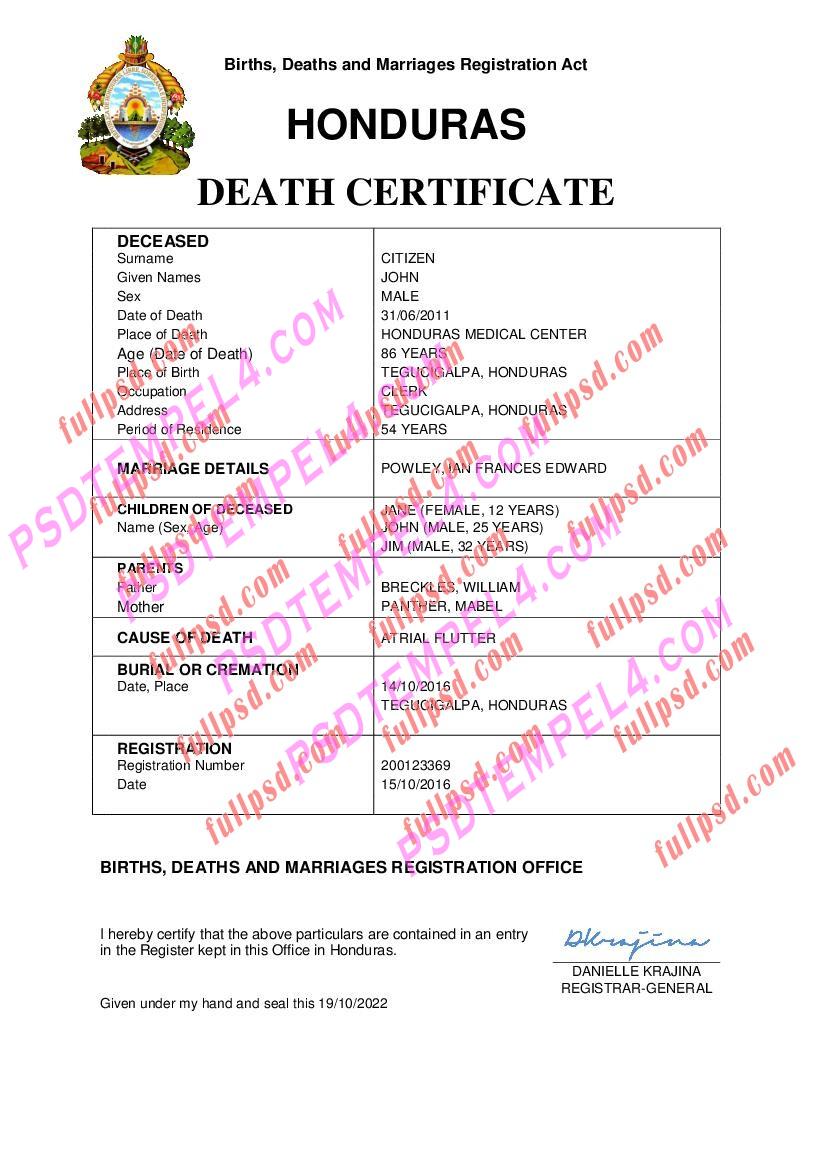 Honduras death certificate pdf and word