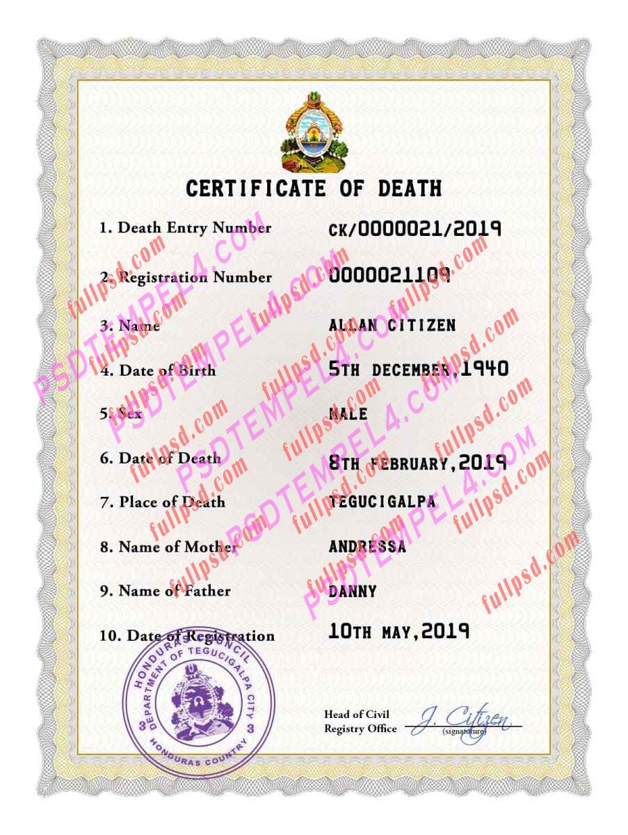 Honduras death certificate psd