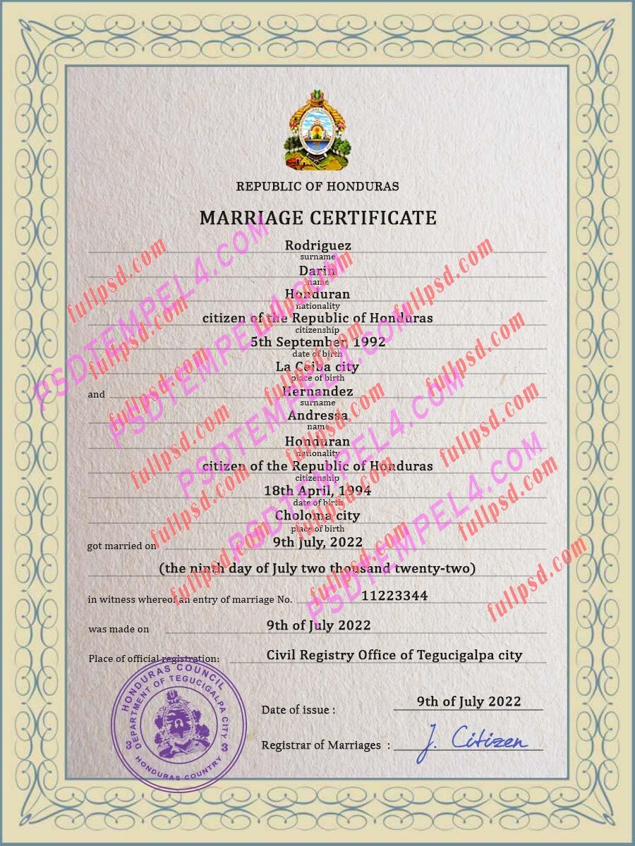 Honduras marriage certificate psd