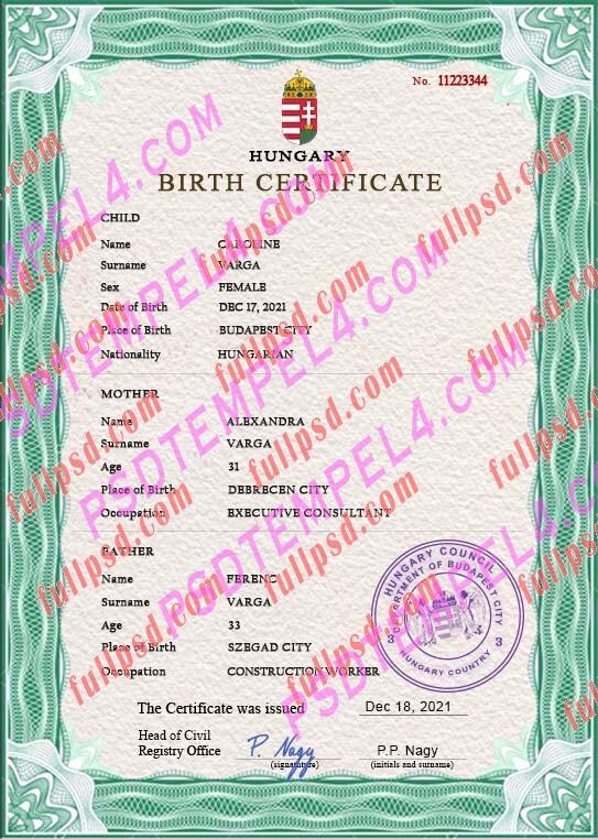 Hungary Birth certificate PSD