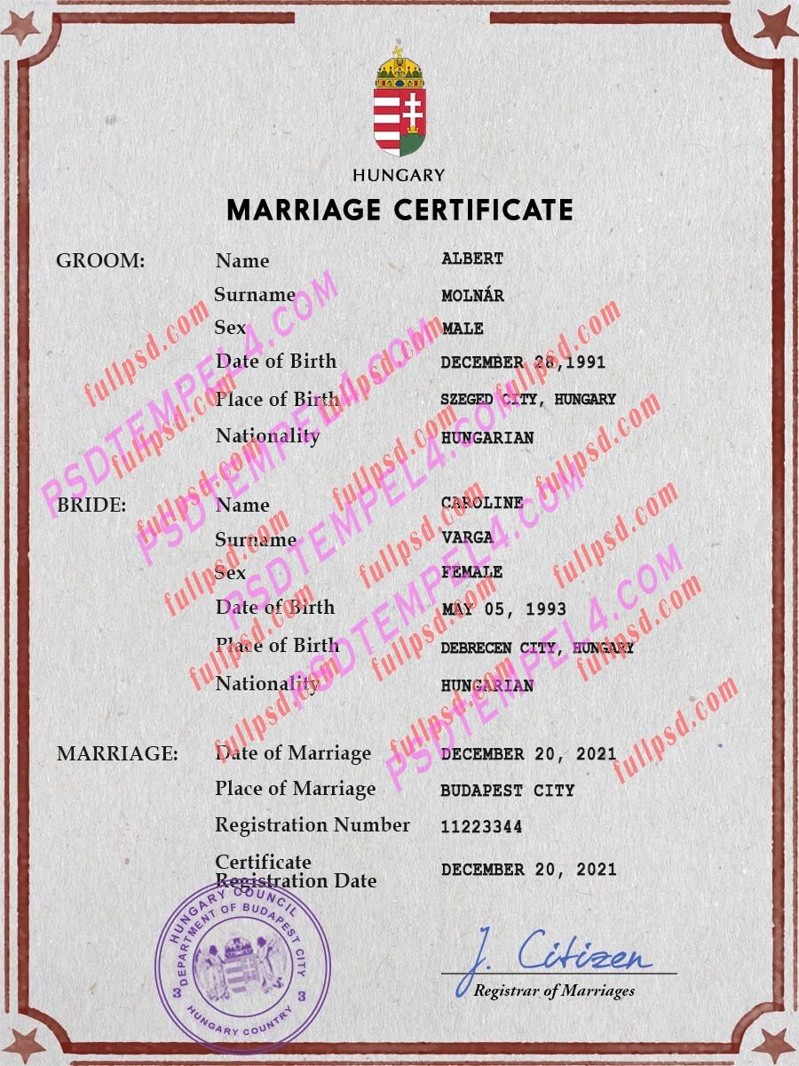 Hungary marriage certificate psd