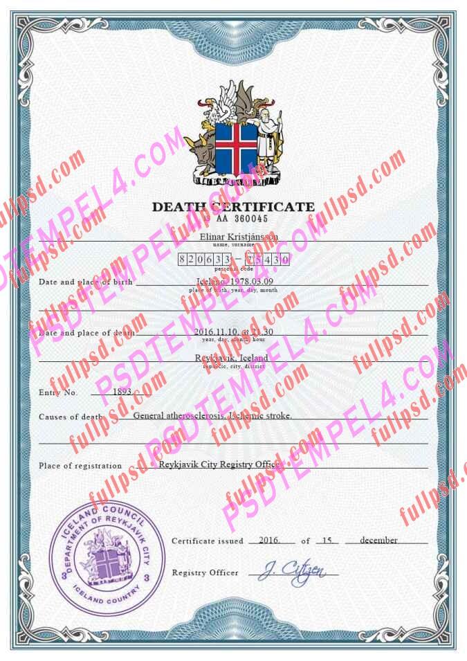 Iceland death certificate psd