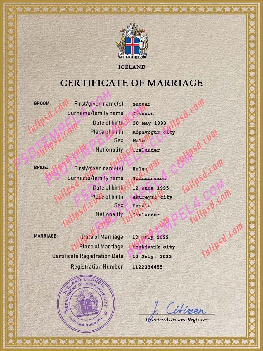 Iceland marriage certificate psd