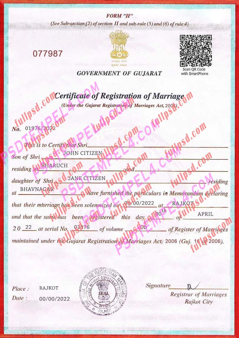 India governement of gujarat marriage certificate psd