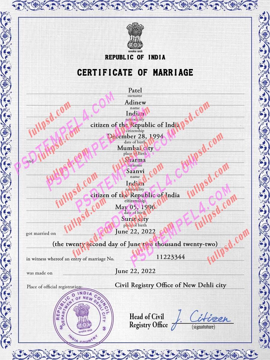 India marriage certificate psd V1