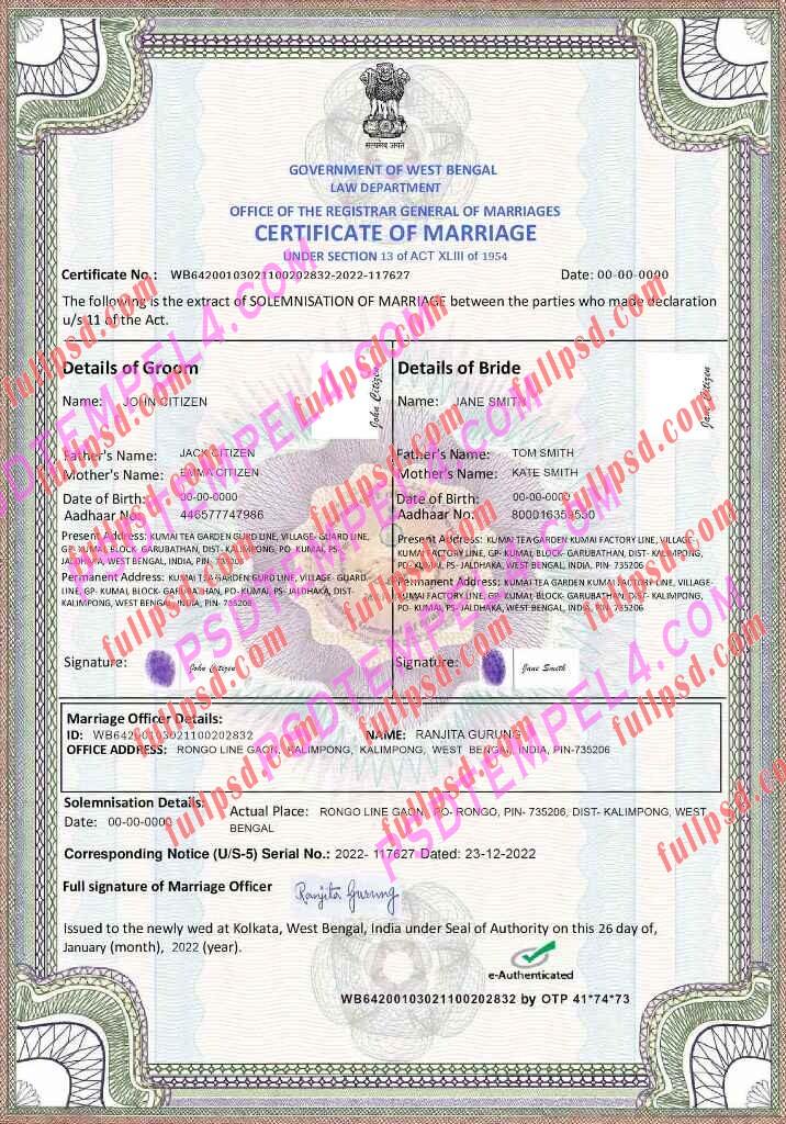 India marriage certificate psd V2