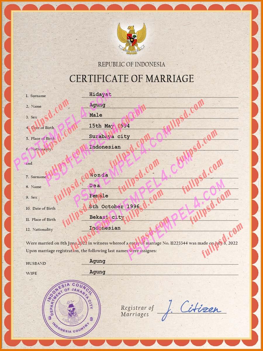 Indonesia marriage certificate psd
