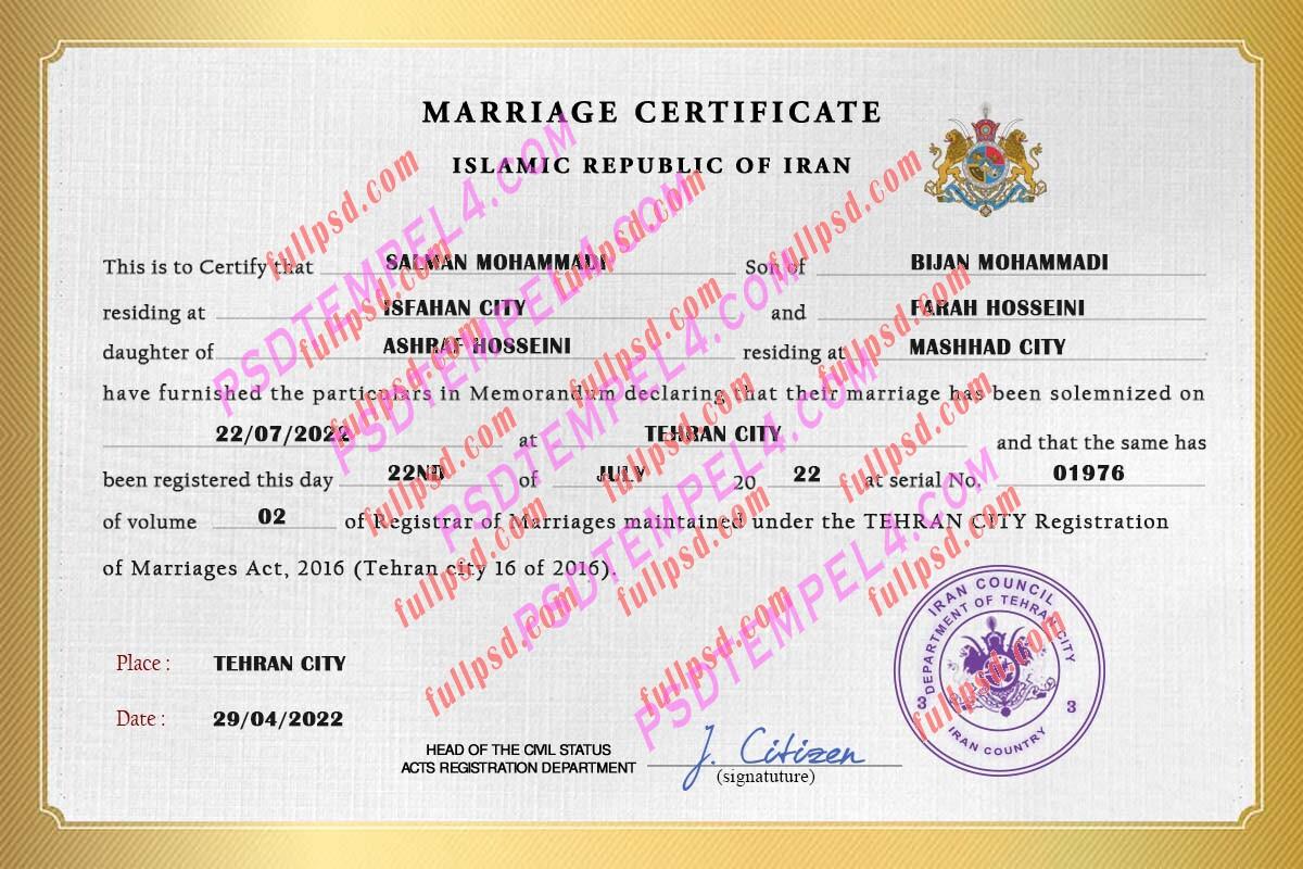Iran marriage certificate psd