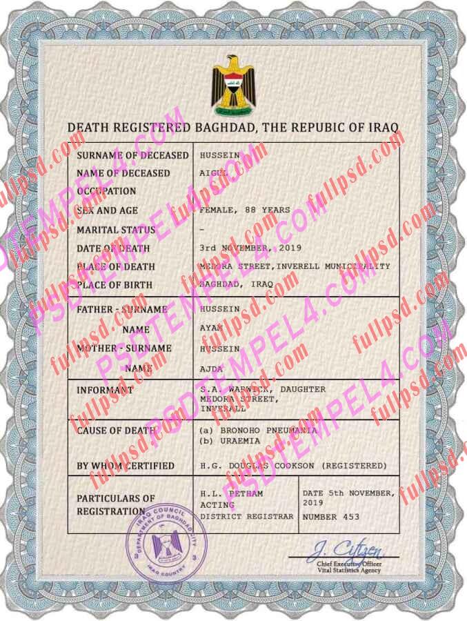 Iraq death certificate psd