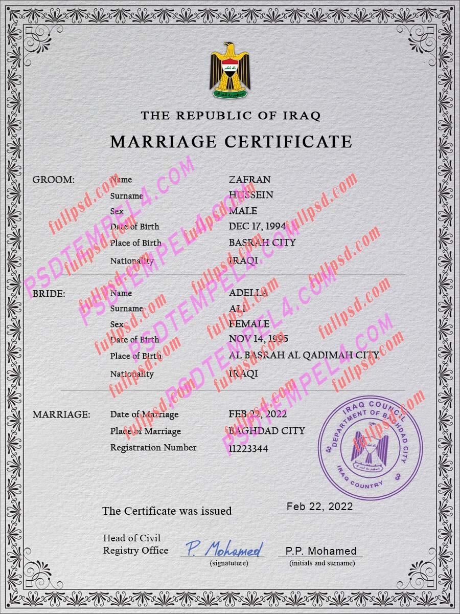 Iraq marriage certificate psd