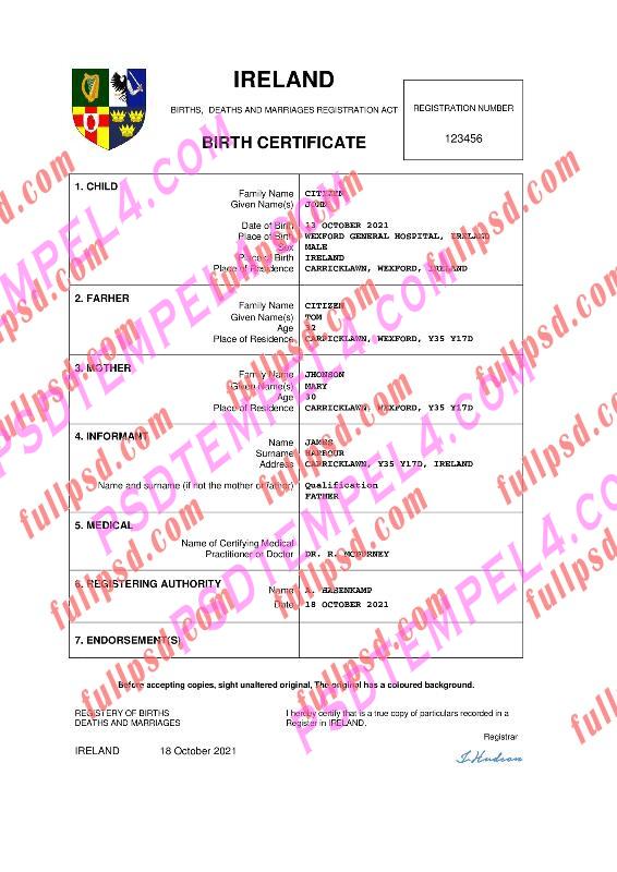 Irelandifica Birth certificate pdf and word