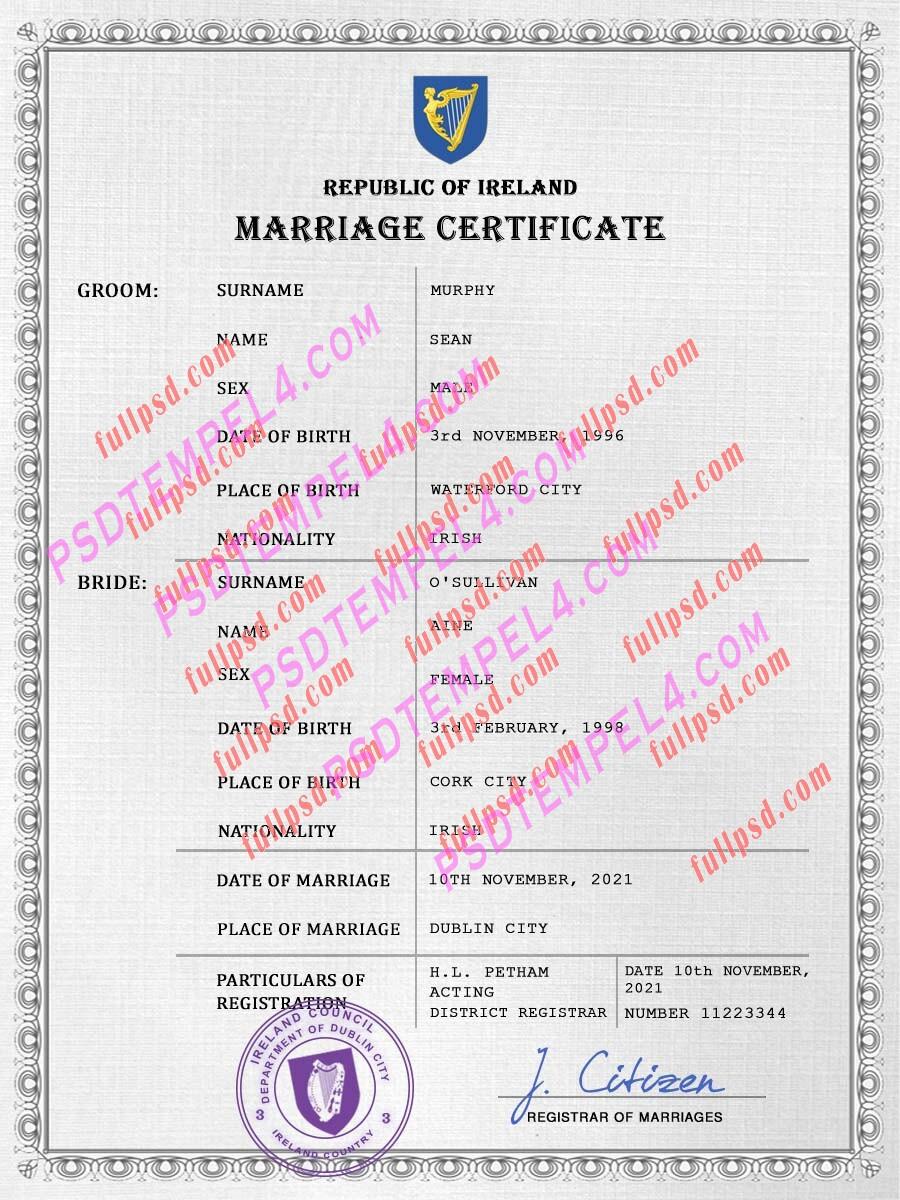 Ireland marriage certificate psd