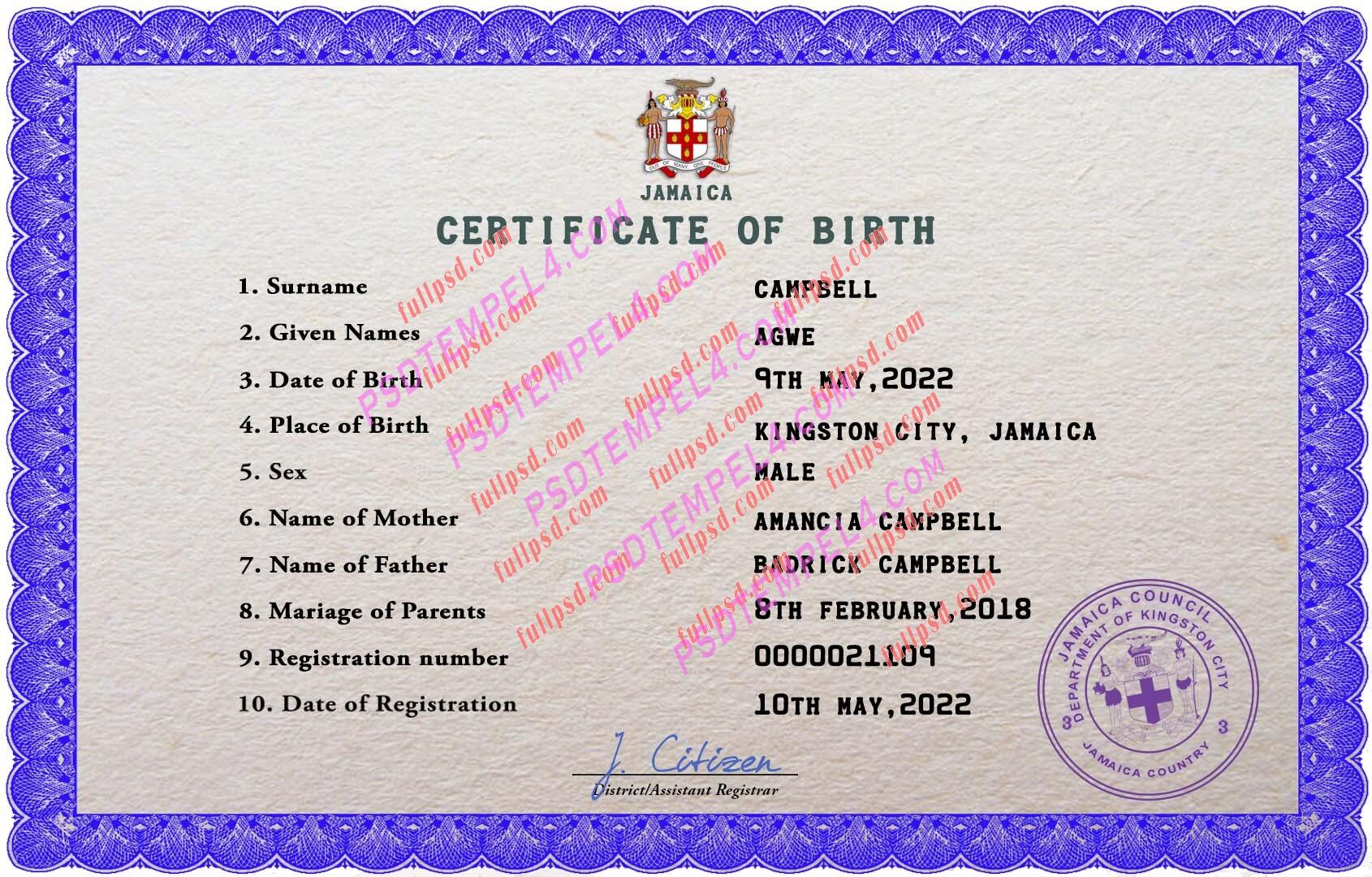 Jamaica Birth certificate PSD