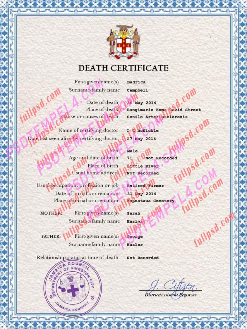 Jamaica death certificate psd