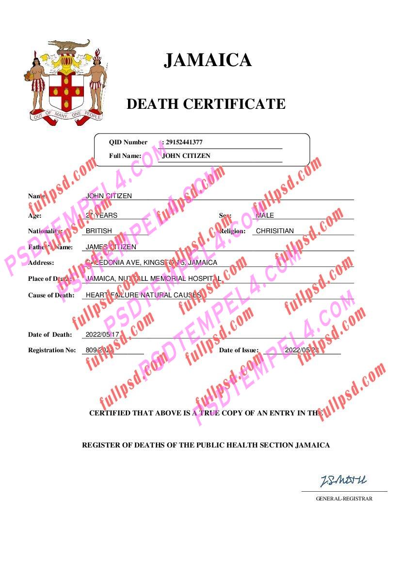 Jamaica death certificate pdf and word