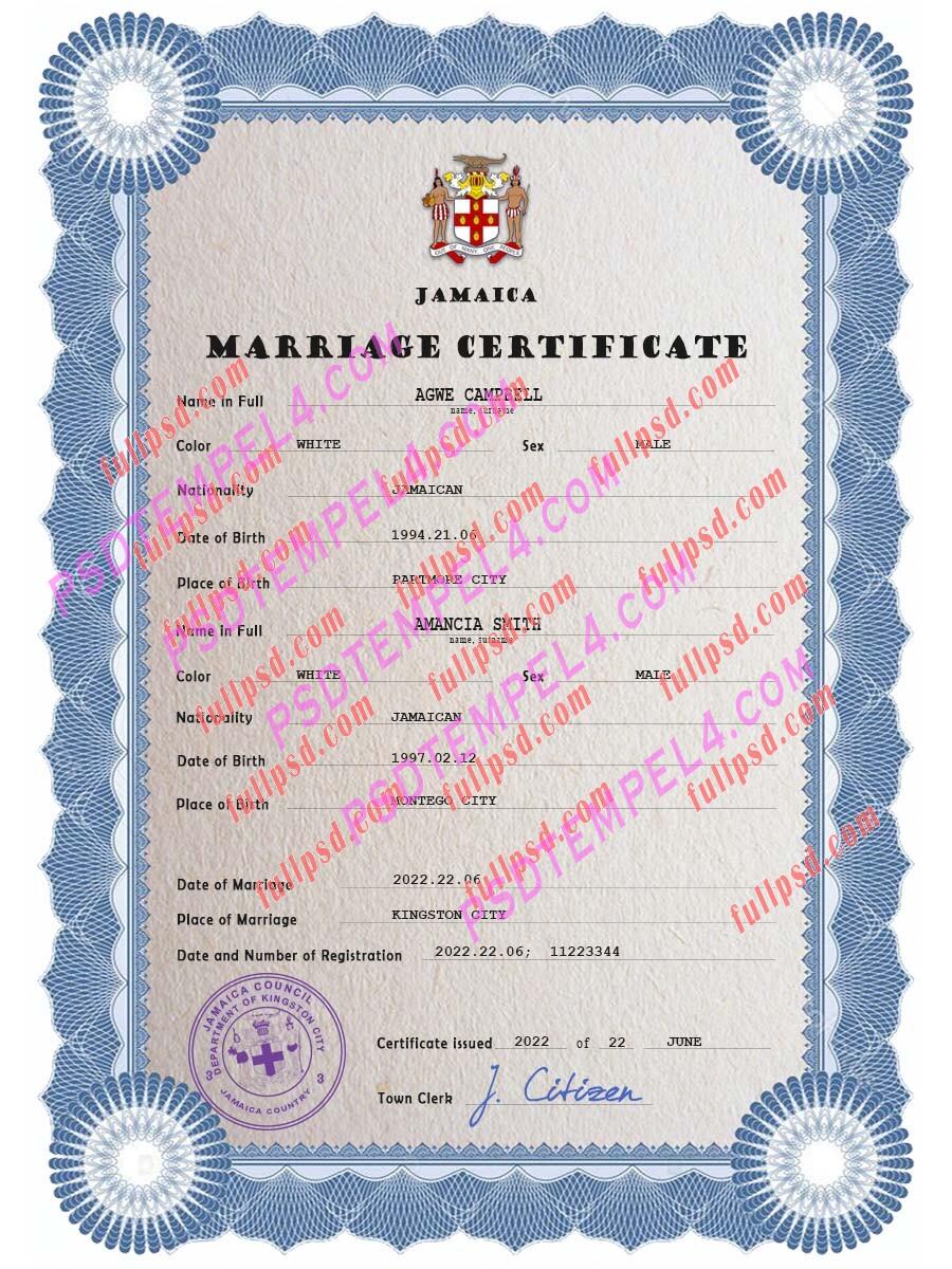 Jamaica marriage certificate psd