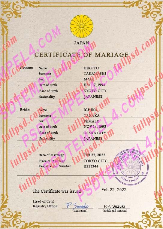 Japan marriage certificate psd