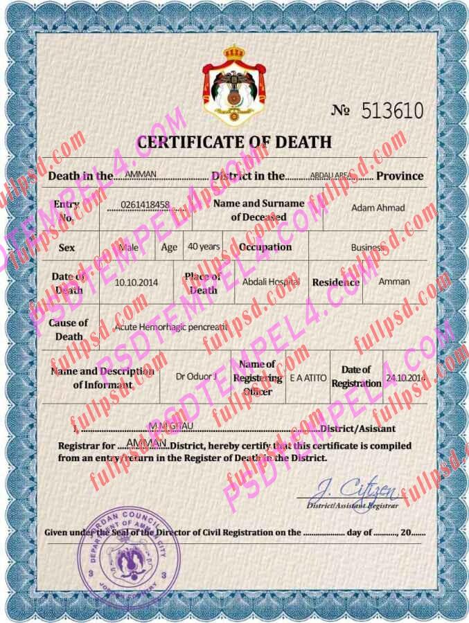 Jordan death certificate psd