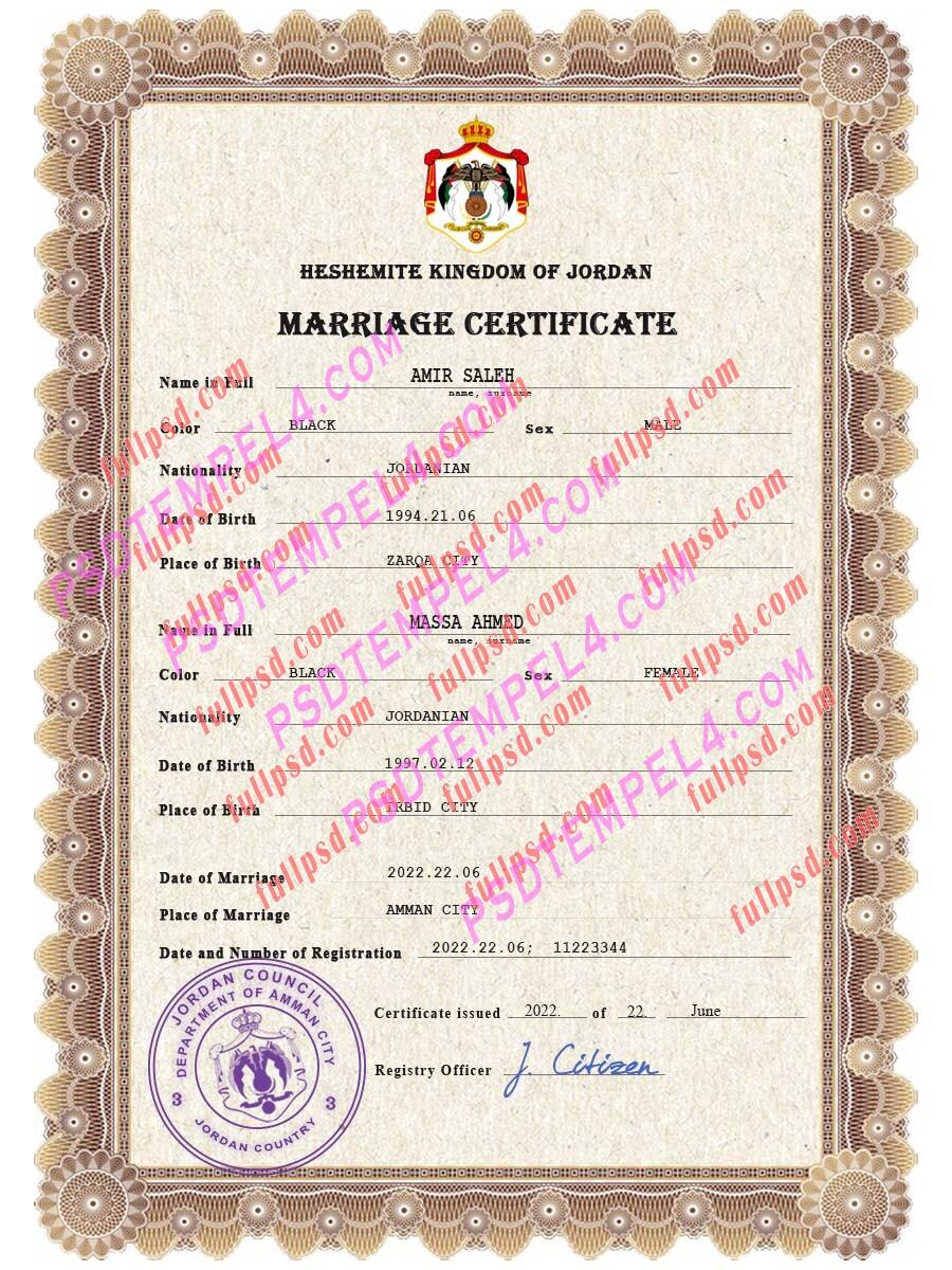 Jordan marriage certificate psd