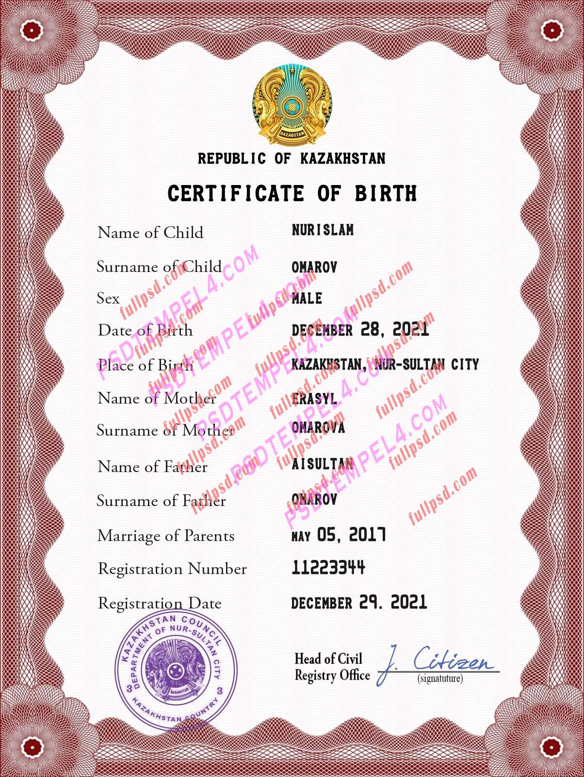 Kazakhstan Birth certificate V2 PSD