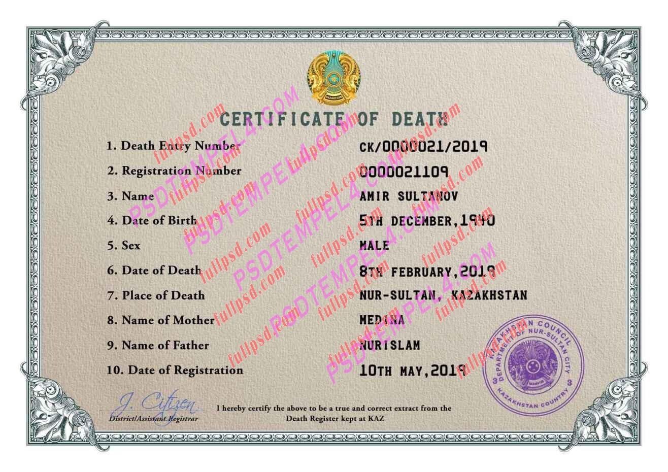 Kazakhstan death certificate V1 psd