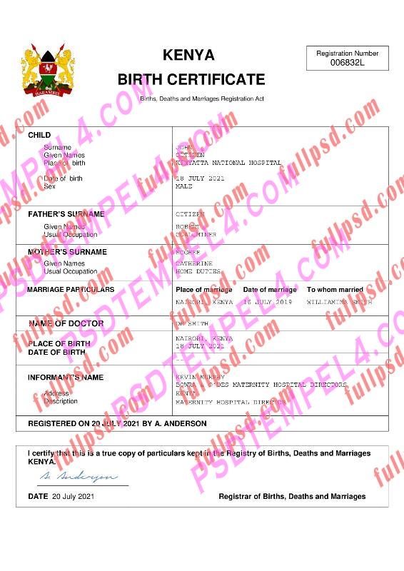 Kenya Birth certificate pdf and word