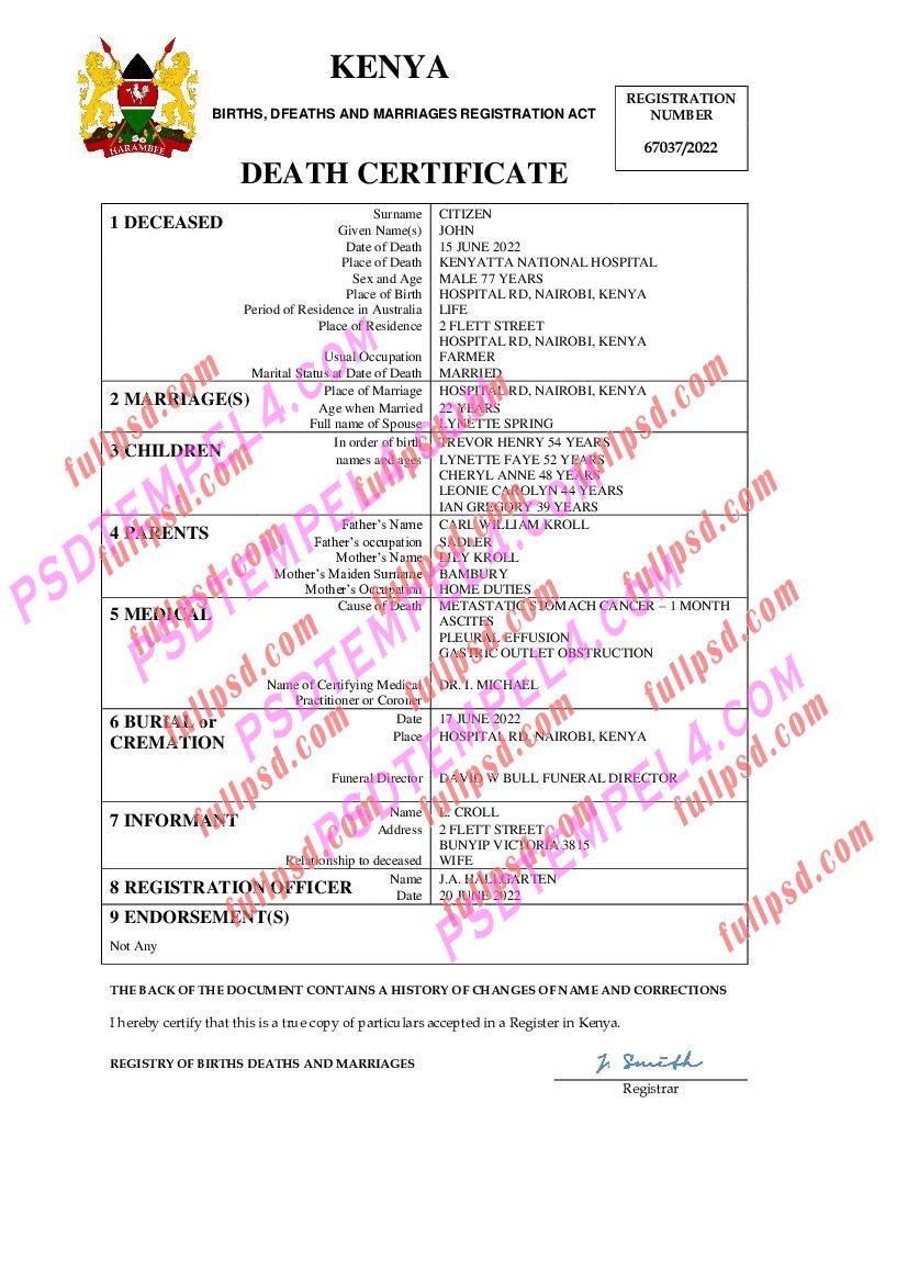 Kenya death certificate pdf and word