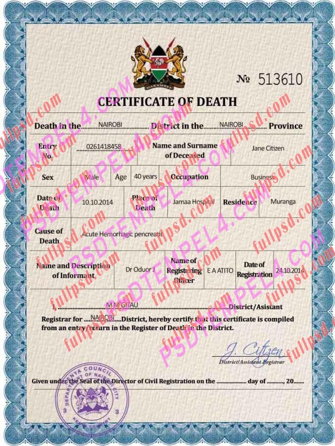 Kenya death certificate psd