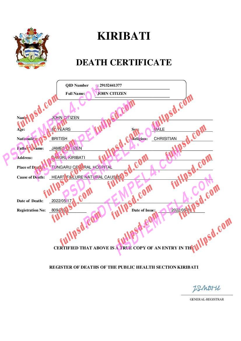 Kiribati death certificate pdf and word