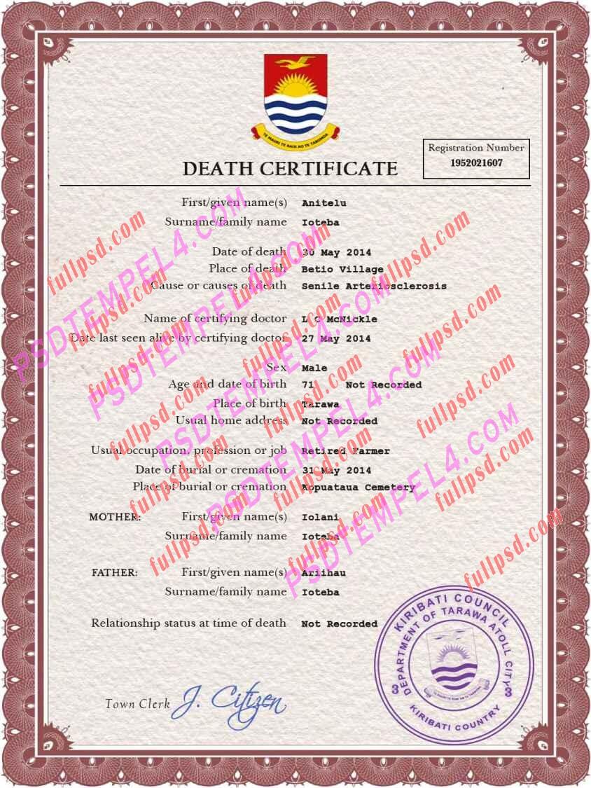 Kiribati death certificate psd
