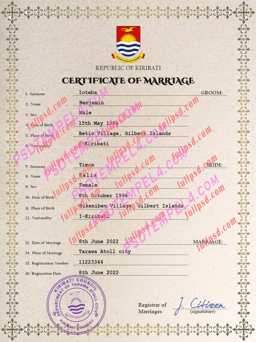 Kiribati marriage certificate psd